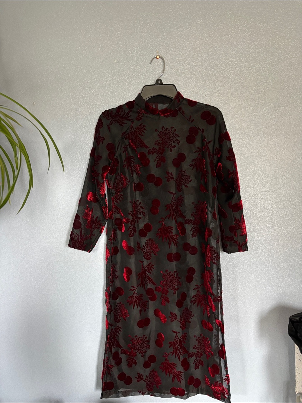 Sheer Black Gothic Dress/Overlay with Red Velvet Floral Burnout. Size sm/med